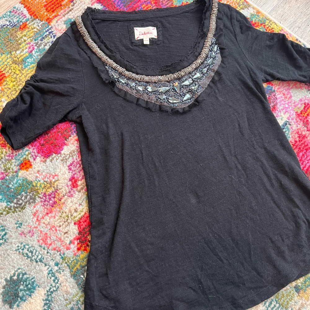 Anthropologie Deletta Top Womens Black Jeweled Beaded Embellished Top Size XS